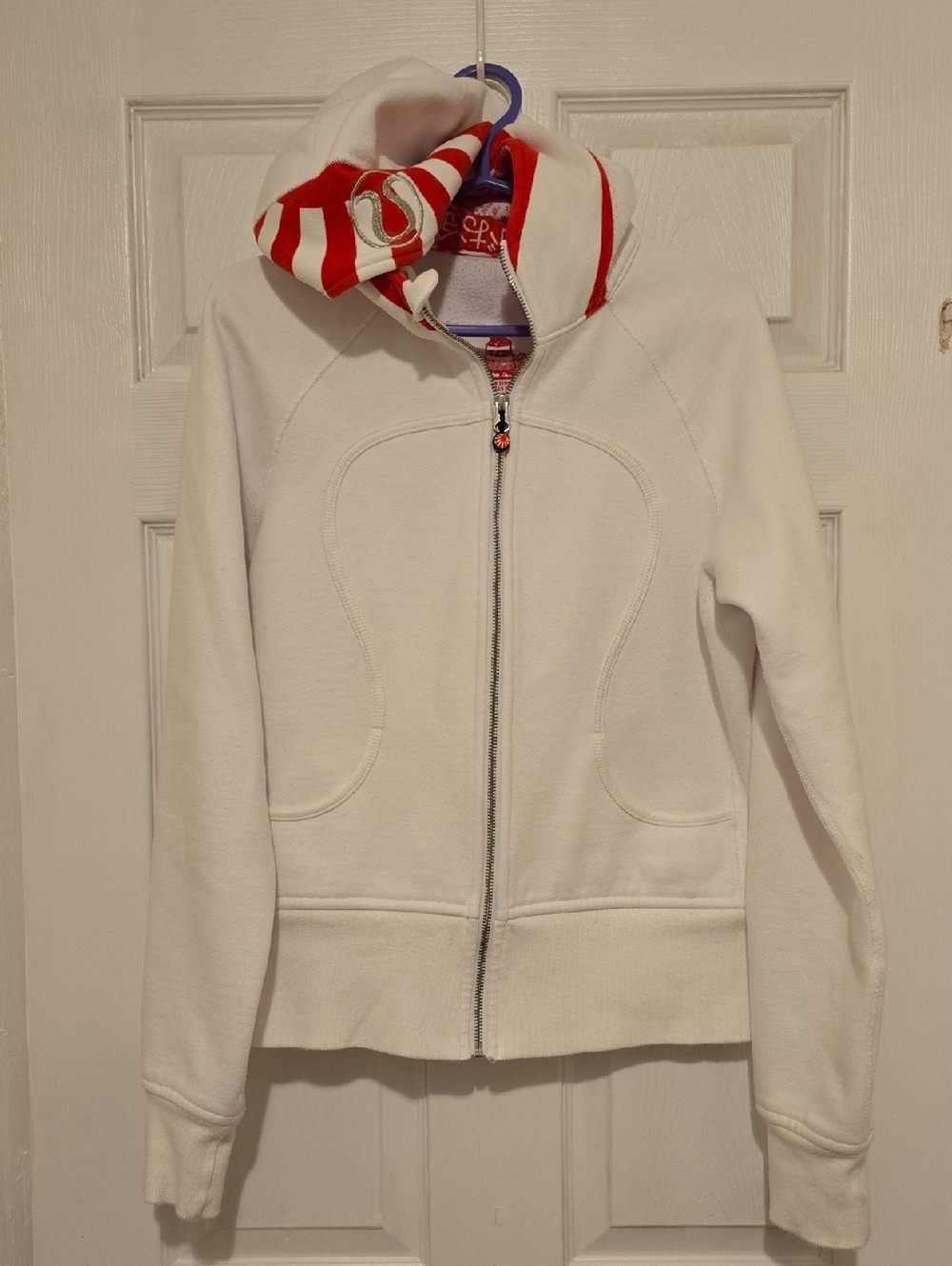Lululemon White Zip Hoodie with Red-Striped Hood Accent